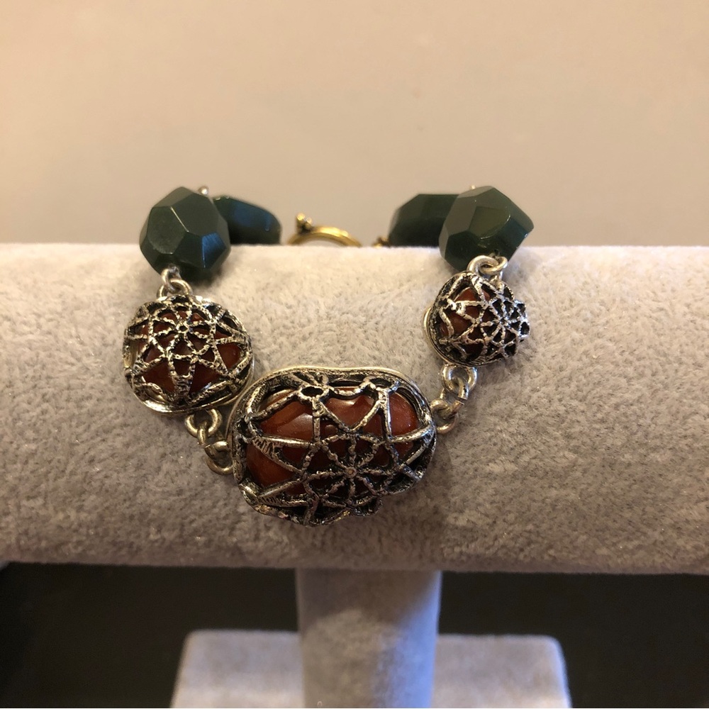 Lucky Brand Bracelet  - Gold & Silver tone w/ red & green acrylic stones, toggle - Picture 2 of 10